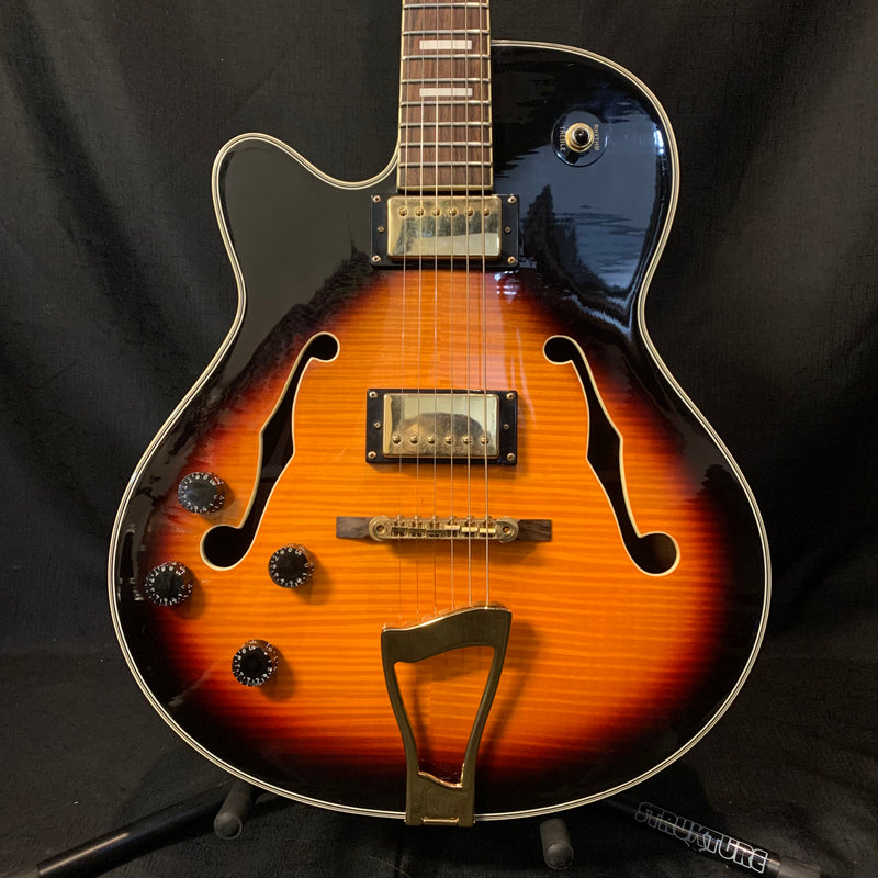 Used Stagg Left Handed Hollowbody Electric Guitar w/ Case - Sunburst